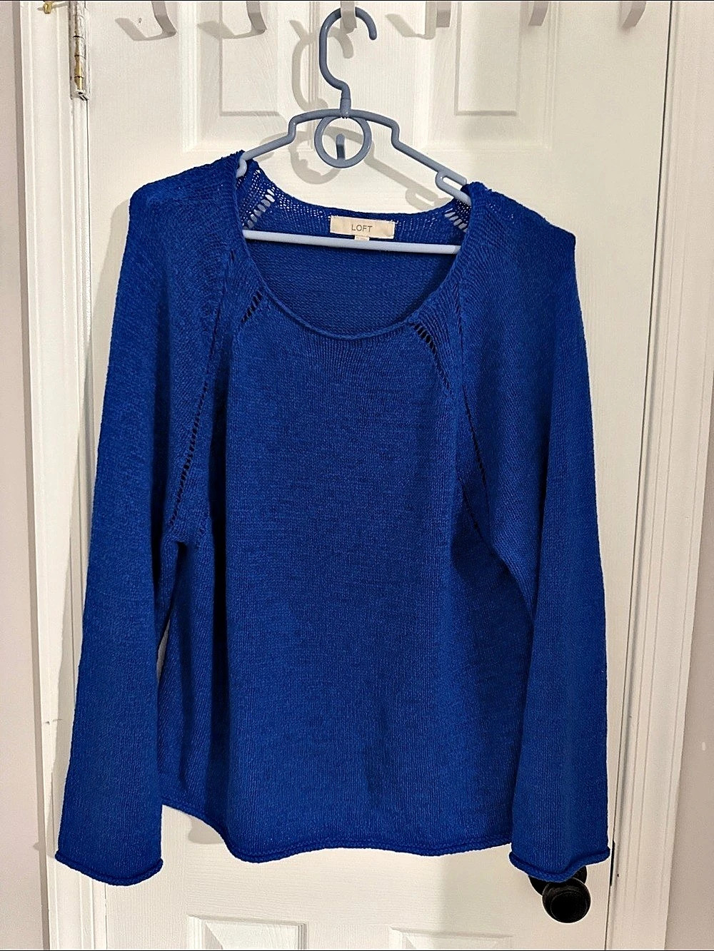 LOFT Pointelle Raglan Sweater in Cobalt Blue